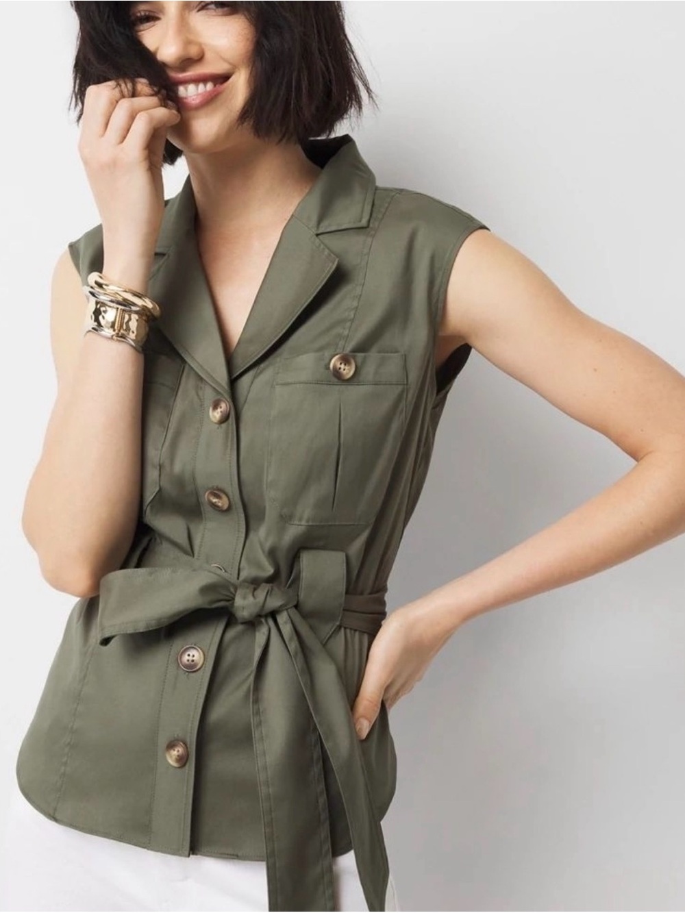 White House Black Market Sleeveless Utility Tie-Waist Jacket - Olive